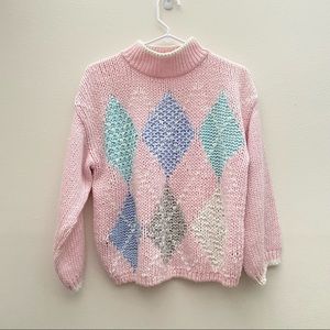 Vintage Pastel Geometric Hand Knitted Mock Turtleneck Sweater Size Small
